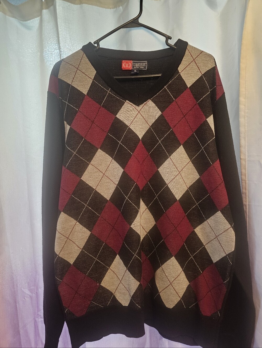 IZOD Men’s V-Neck Argyle Sweater - Black, Burgundy, Cream